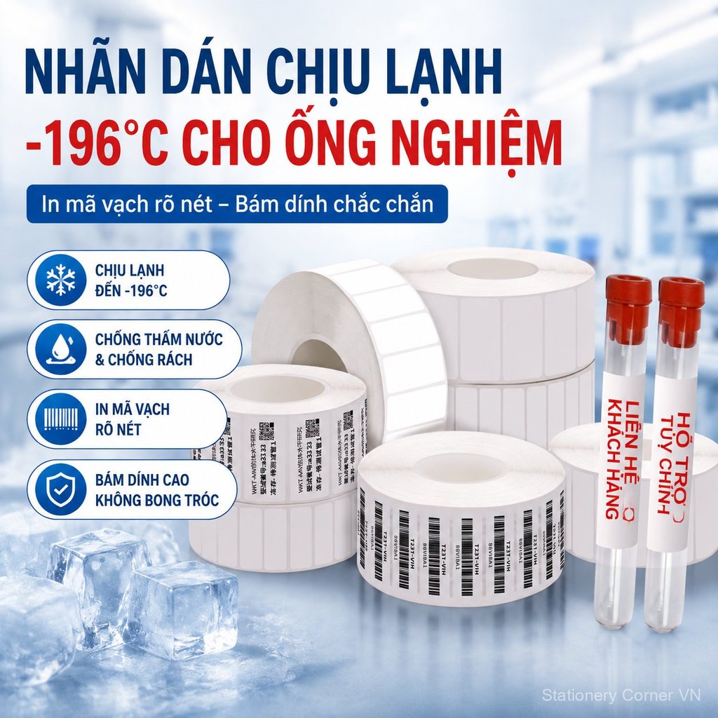 Nhãn in mã vạch chịu lạnh -196°C cho ống nghiệm, EP, ly tâm, y tế, dính tốt