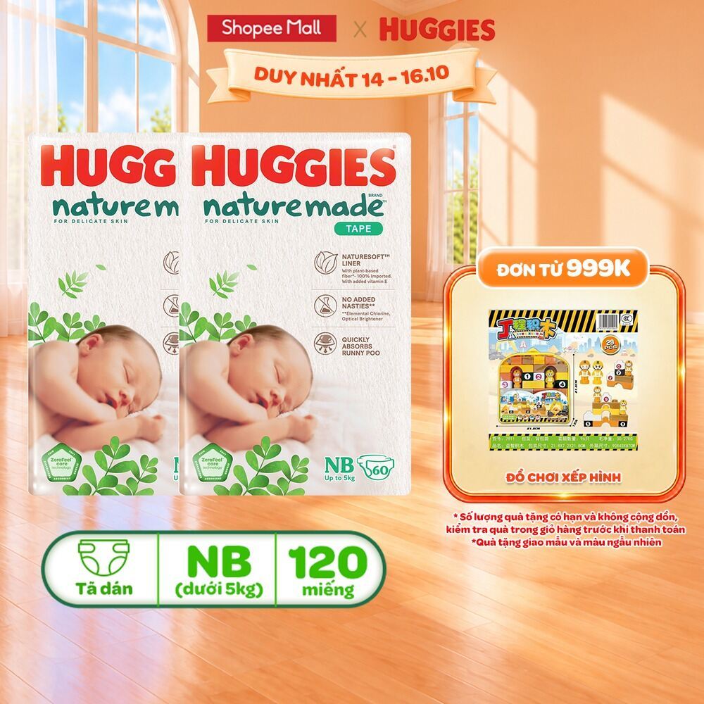 Tã/Bỉm dán sơ sinh Huggies NatureMade NB60 (dưới 5kg)/S82(4-8kg)…