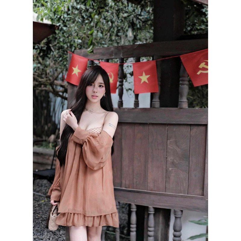 [Hoả Tốc HCM] AGUJA [HOẢ TỐC HCM]  Đầm babydoll Dory dress màu nâu chất liệu tơ mịn phối lưới chấm b