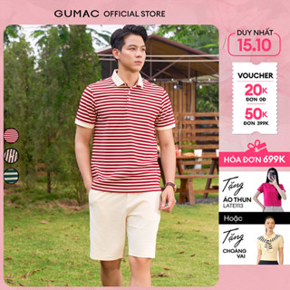 Áo thun polo nam sọc dày form suông màu đỏ - nâu - xanh phối cổ màu be thời trang GUMAC PLNF01012