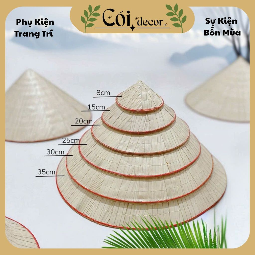 Nón lá mini vành đỏ dùng decor size từ 8cm - 35cm,  trang trí nhà cửa, sự kiện, lễ tết chính hãng Cói decor