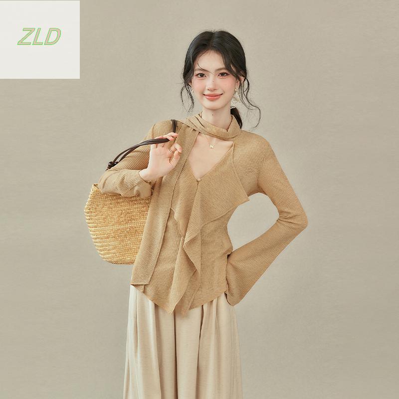 ZLD Thu Đông 2025 - Áo Thun Dài Tay Nữ Cổ Chữ V Ribbon Form Slim Fit