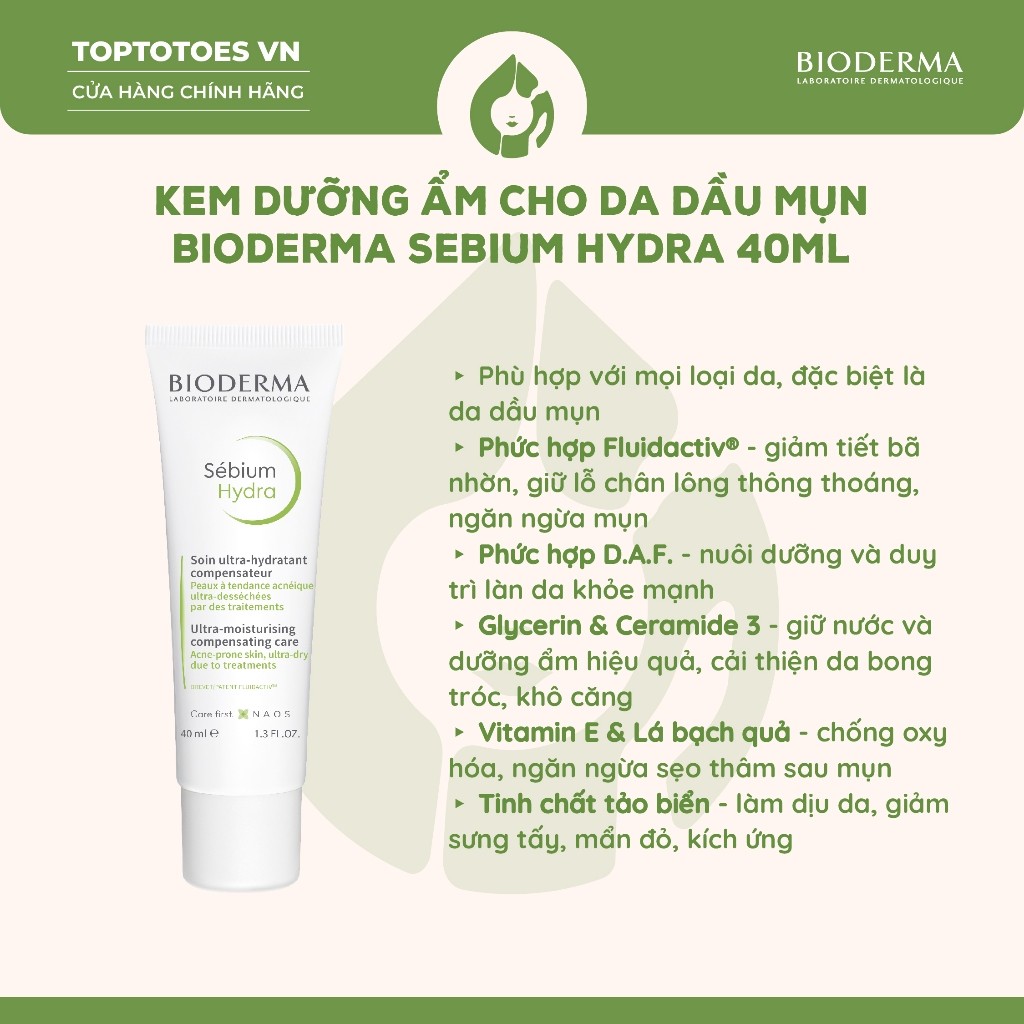 [HÀNG NHẬP KHẨU] Kem dưỡng ẩm cho da dầu mụn Bioderma Sebium Hydra - 40ml