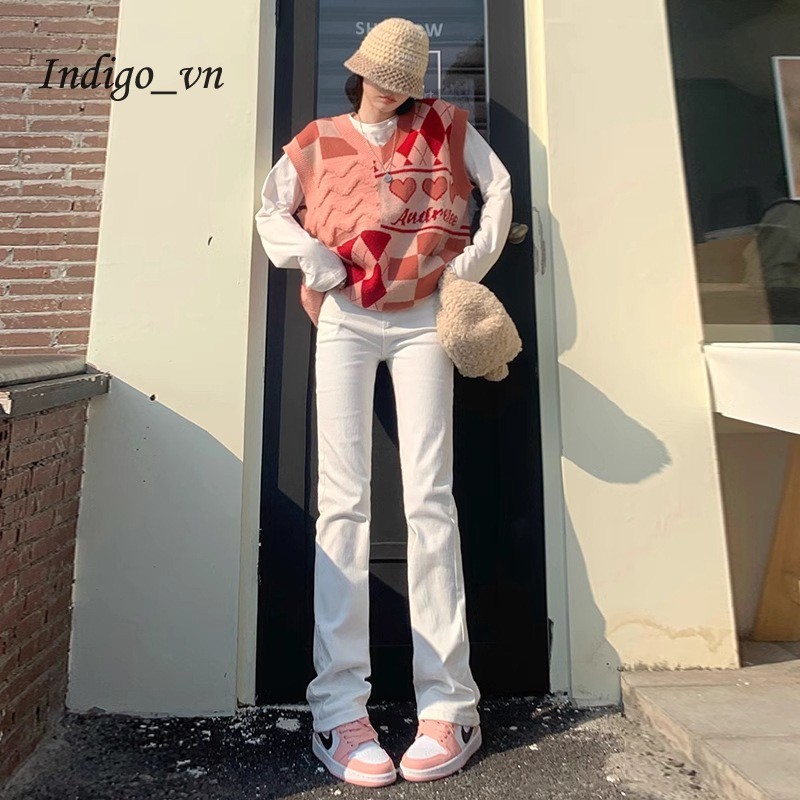 【Indigo】 Quần Jean Ống Đứng Cạp Cao Màu Trắng Quần Ống Đứng Dành Cho Nữ