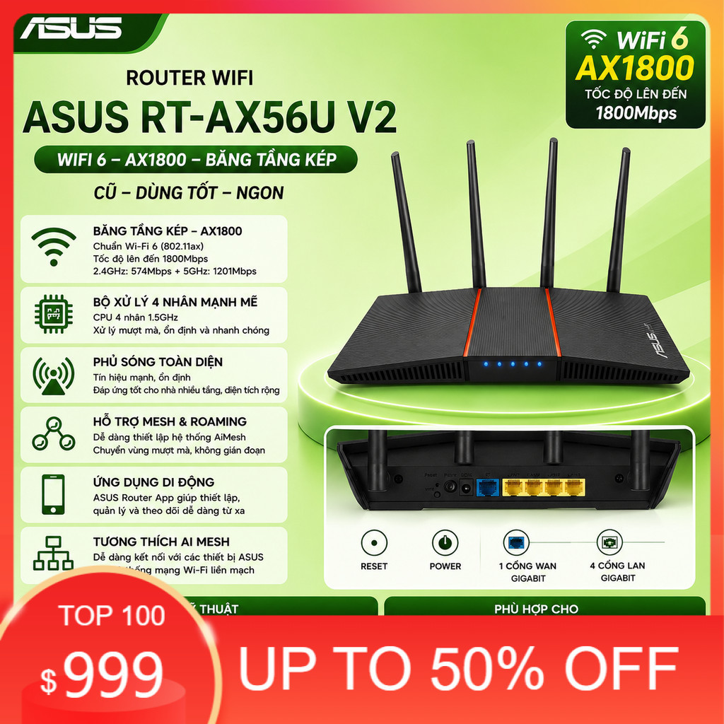 [Cũ] Router Wifi ASUS RT-AX56U V2, Wifi 6, Băng tầng kép Chuẩn AX1800 Cũ dùng tốt ngon Thanh Lý