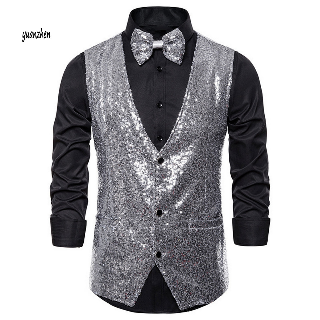 < yuanzhen > Đính Kim Sa Lấp Lánh Dây Thắt Lưng Nam Áo Vest Trang Trọng Nam Sequin Vest Nơ Bộ Áo Kho
