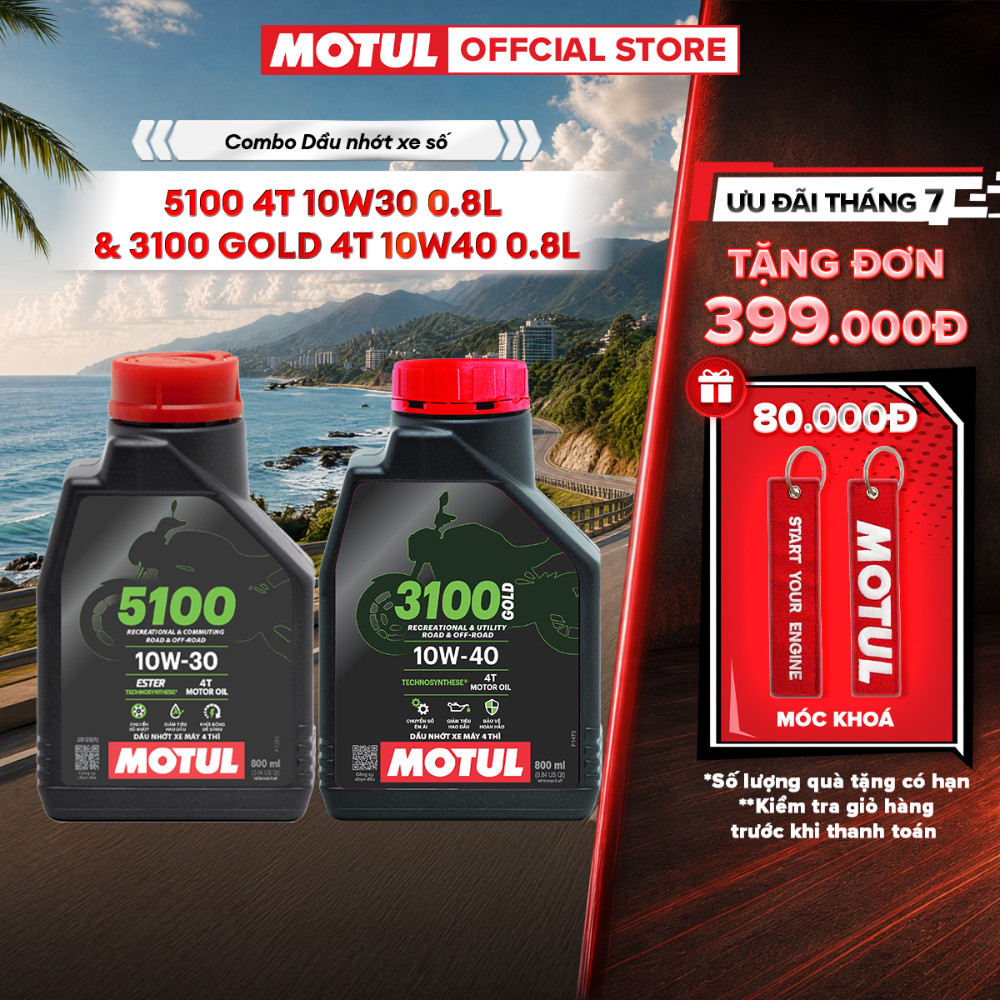 Combo Dầu nhớt xe máy MOTUL 5100 4T 10W30 0.8L và Dầu nhớt xe máy MOTUL 3100 GOLD 4T 10W40 0.8L