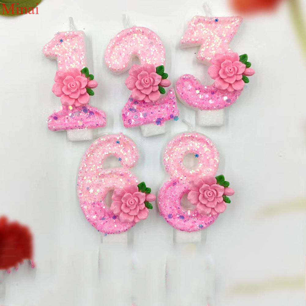 Màu Hồng Lấp Lánh Số Nến Sinh Nhật 0-9 Có Sẵn 3D Handmade Hoa Hồng Chữ Số Bánh Topper Nến Cho Bé Gái