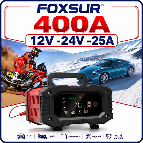Sạc Bình acquy Foxsur 12V-24V 400Ah - Bộ sạc Tự động Dòng sạc tùy chọn thông minh 25A -Mẫu mới FOXSU