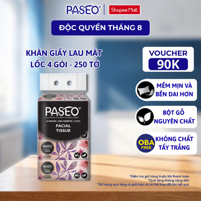 [Lốc 4 Gói] Khăn Giấy Lau Mặt PASEO 250 Tờ/Gói Mềm Mịn Không Bụi An Toàn Cho Da Nhạy Cảm (2 Lớp)