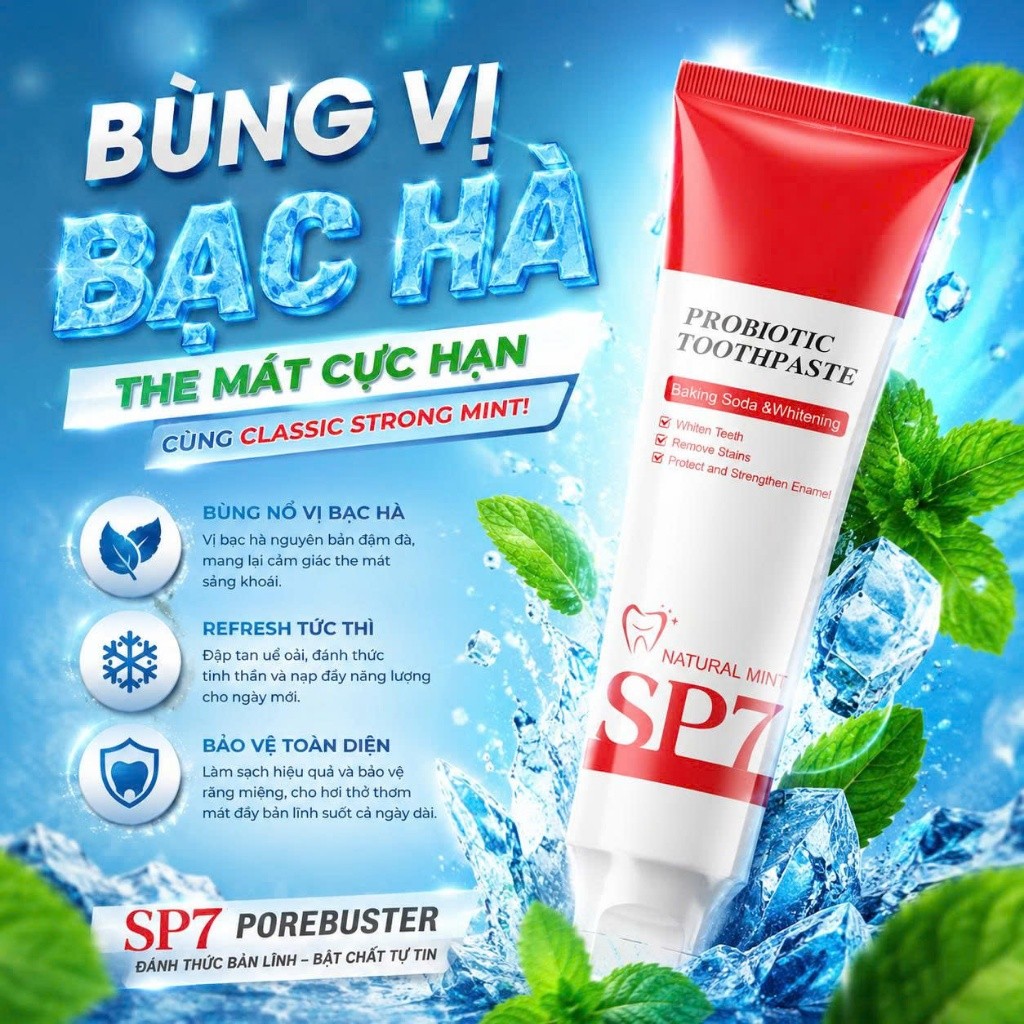 Kem đánh răng SP7 với 7 loại Probiotic và Banking Soda làm trắng răng bảo vệ nướu cho hơi thở thơm m