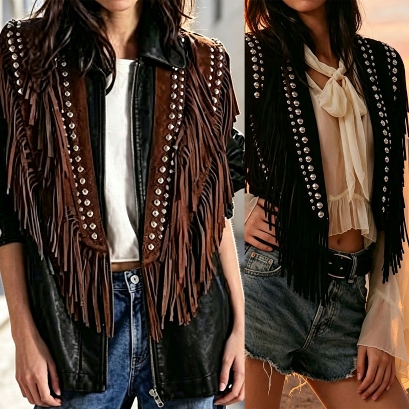 Ivy Women 's Fringe Vest Khăn choàng có viền dài không tay Lớp Polyester mở phía trước với các điểm 