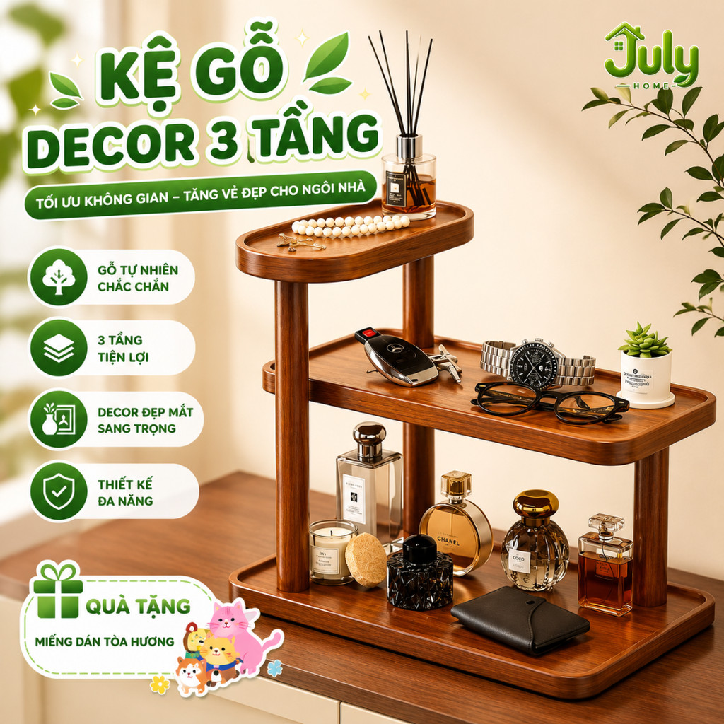 Kệ Gỗ 3 Tầng Đựng Mỹ Phẩm, Nước Hoa Decor Phong Cách Nhật Bản Wabisabi JuLy