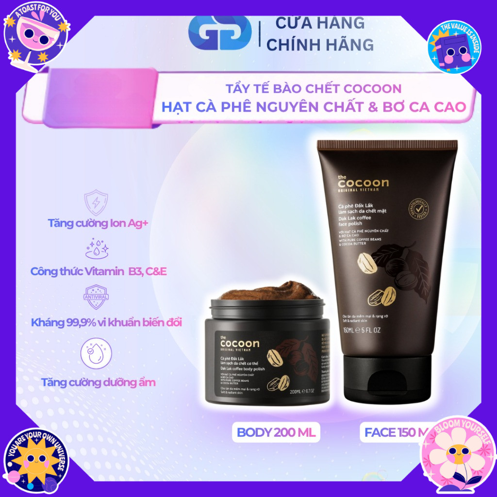 Combo Cocoon Tẩy tế bào chết cơ thể da mặt từ cà phê bơ cacao giúp da sáng mịn đều màu ttbc body fac