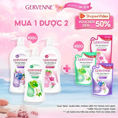 [TẶNG TÚI 450G] Sữa tắm trắng da hương nước hoa Gervenne 900G (mùi ngẫu nhiên)