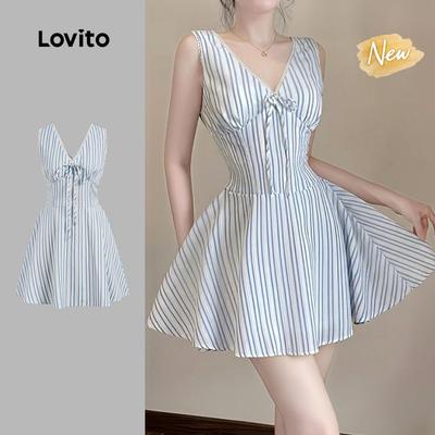 (New Arrival) Lovito Đầm thường buộc dây khóa kéo ren màu xanh dương mùa xuân/hè cho nữ DRB198P1D038