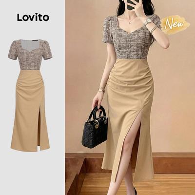 (New Arrival) Lovito Đầm màu sắc thanh lịch xẻ tà xếp ly dành cho nữ mùa xuân/hè L198ED194