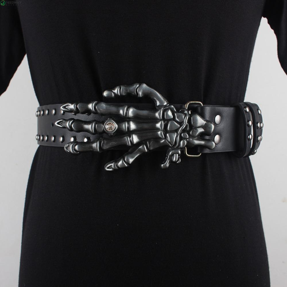 Thắt lưng rộng NEEDWAY Skull, Thắt lưng đinh tán màu đen có thể điều chỉnh mát mẻ, Vintage Hip-hop Y