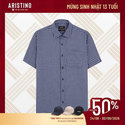 Áo Sơ Mi Nam Tay Ngắn Xanh Kẻ Tím Aristino Business Perfect Fit 100% Cotton 1SS035AS2