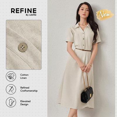 (New Arrival) (Refine by Lovito)Váy công sở pha bông lanh thoát ẩm có túi hai lớp váy nữ kaki nhạt xuân hè DRR42P1D014