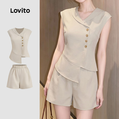 (New Arrival) Lovito Áo hoặc Quần mặc thường ngày cài nút phía trước phù hợp đi làm mùa Xuân/Hè màu kaki nhạt Bộ đồ hoặc Quần cho nữ LK7AD118