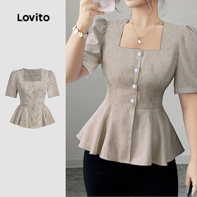 (thanh lịch) Lovito Áo sơ mi nữ cổ nút tay bèo gấu xếp ly mùa Xuân/Hè màu nâu L142LD042