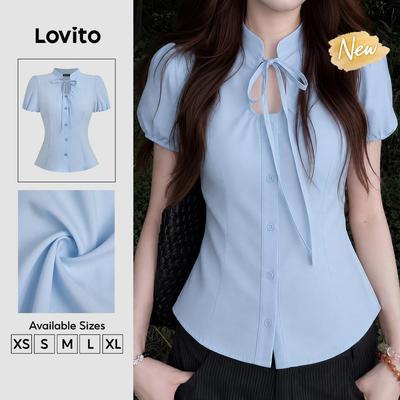 (New Arrival) Lovito Áo sơ mi nữ màu xanh dương nhạt xuân hè cài nút kiểu dáng thường ngày BLK8TD310