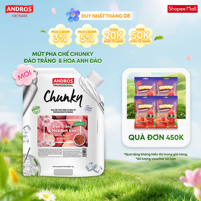 Mứt Trái Cây Pha Chế Đào Trắng  & Hoa Anh Đào - Có miếng trái cây thật - Nguyên liệu pha chế - ANDROS CHUNKY - 1kg