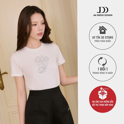 Áo Phông Dáng Babytee In Hoa Mảng Lớn 2T19.2602, Áo Thun Nữ Cotton Cổ Tròn Basic Tay Ngắn Thanh Lịch Thiết Kế Bởi JM