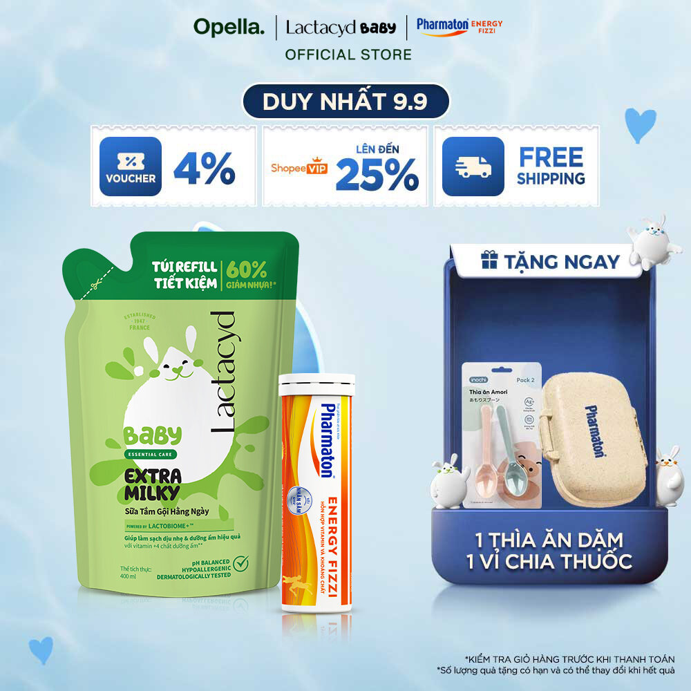 Bộ Túi Refill Lactacyd Baby Extra Milky 400ml + Thực phẩm bảo vệ sức khỏe Pharmaton Energy Fizzi