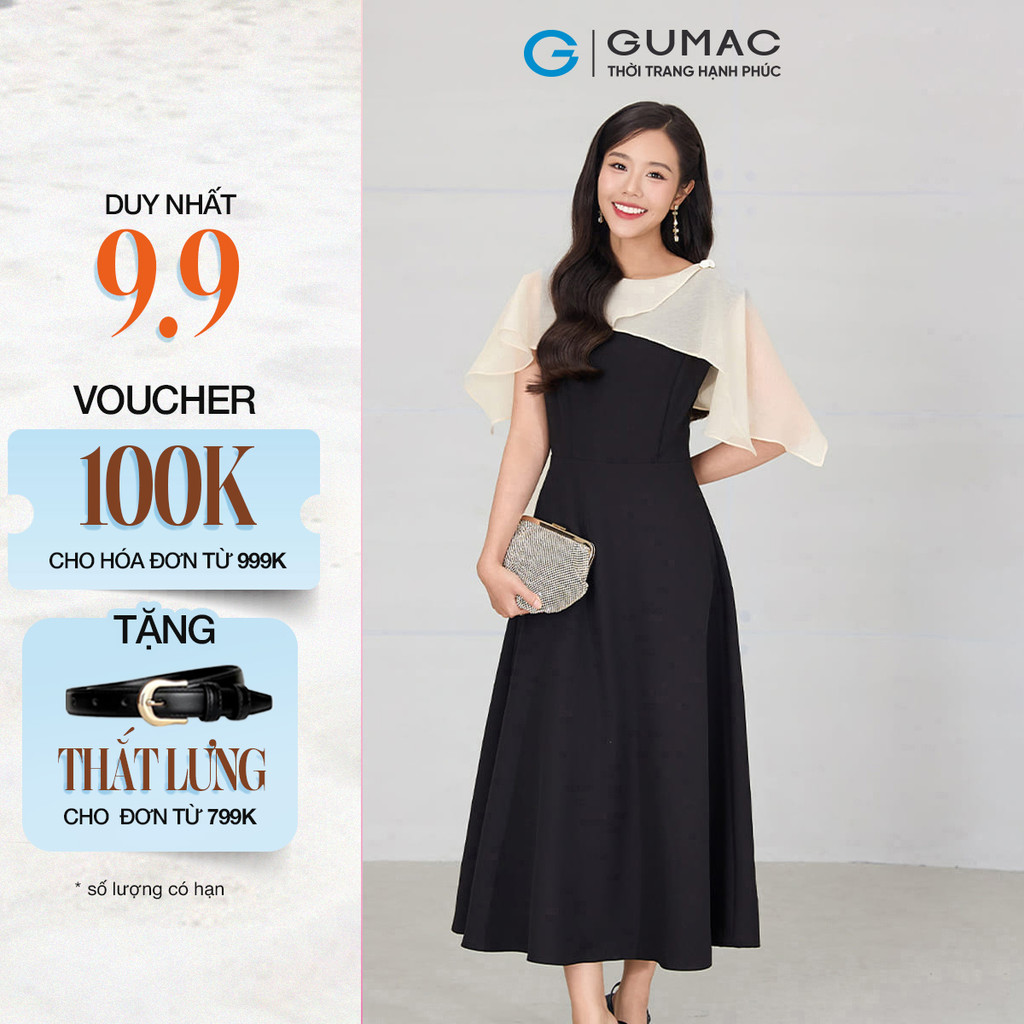 Đầm Nữ GUMAC Form A Xòe Không Tay Phối Voan Choàng Che Bắp Tay Có Túi Sườn Tiện Lợi Thời Trang DF120
