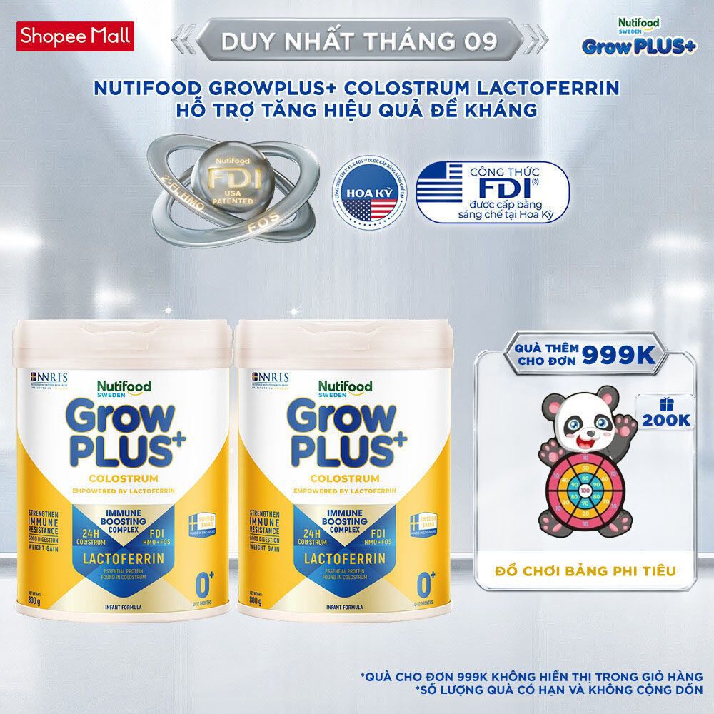 Combo 2 Sữa bột Nutifood Sweden GrowPLUS+ Colostrum Lactoferrin 0+ 800g
