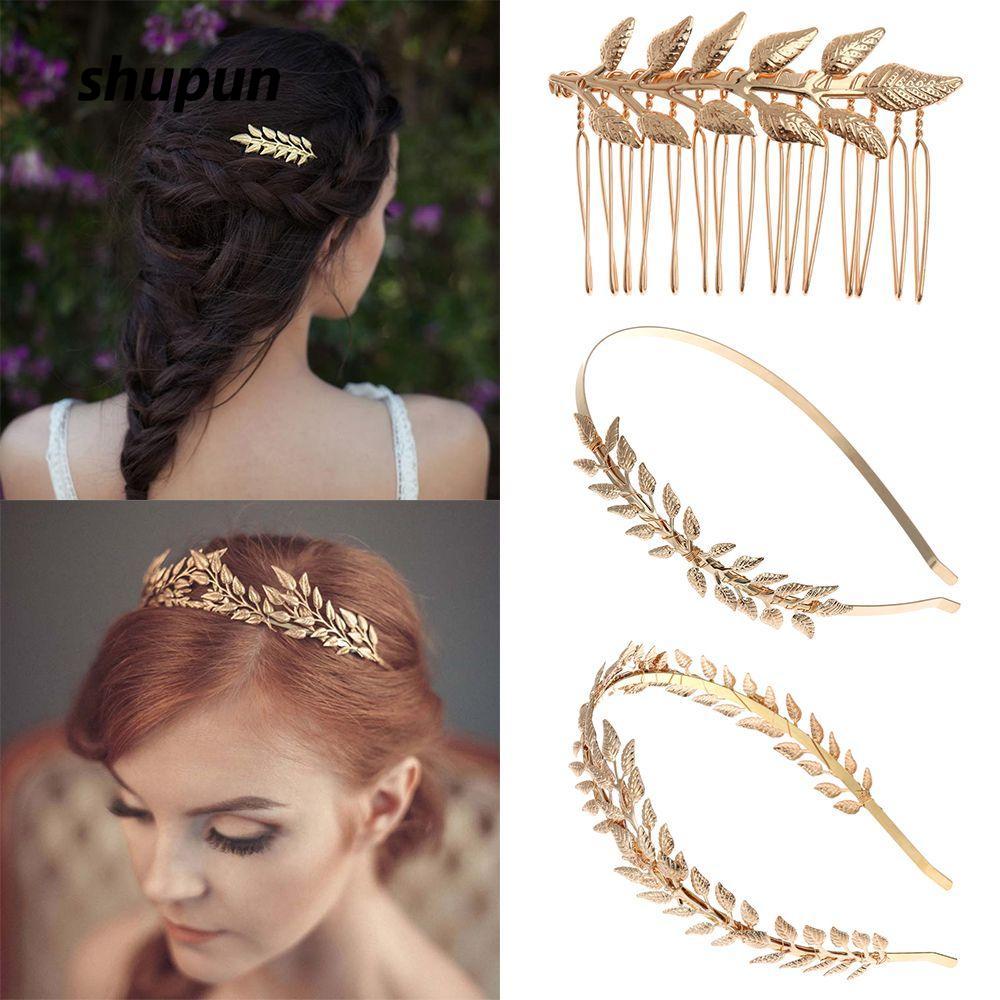 SHUPUN Lá Tóc Vintage Lược Tóc Tiara Phù Dâu Kim Loại Lá Vàng