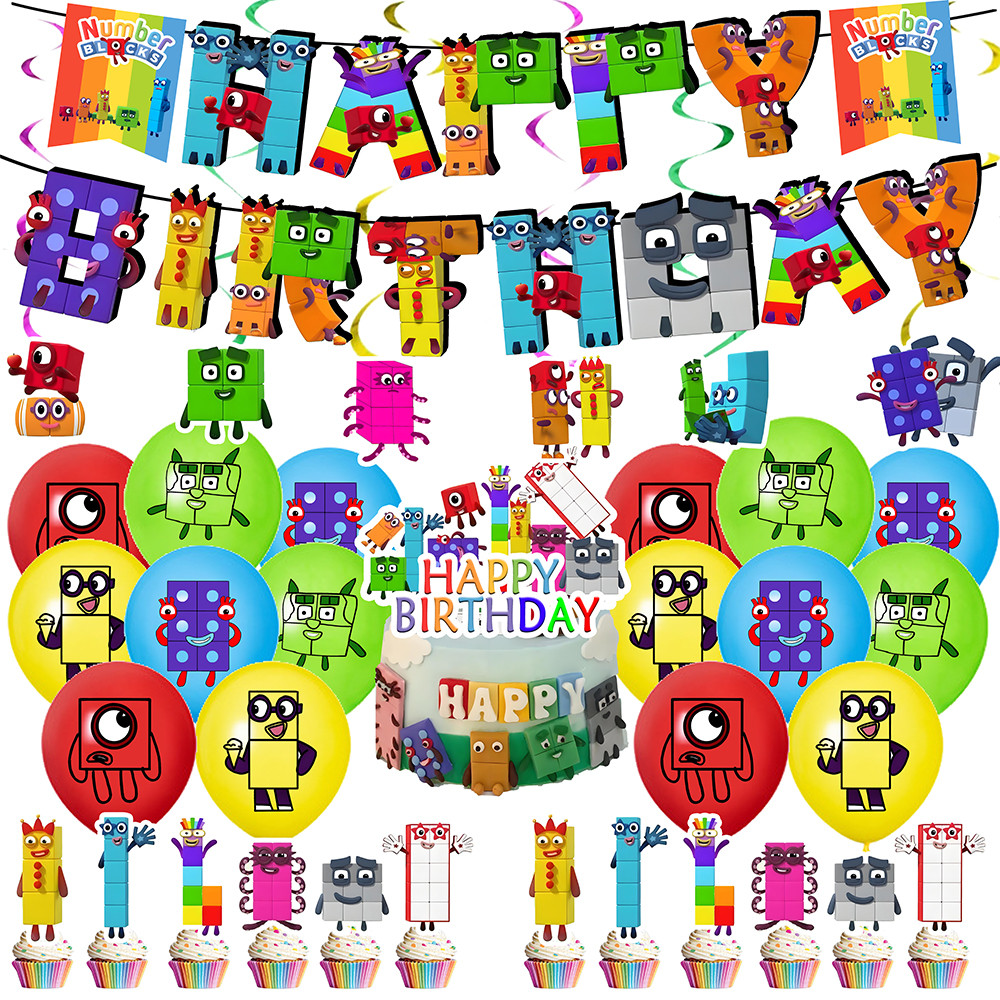 Mới NumberBlocks Chủ Đề Tiệc Sinh Nhật Trang Trí NumberBlocks Kéo Cờ Bóng Bánh Chèn Xoắn Ốc Đạo Cụ