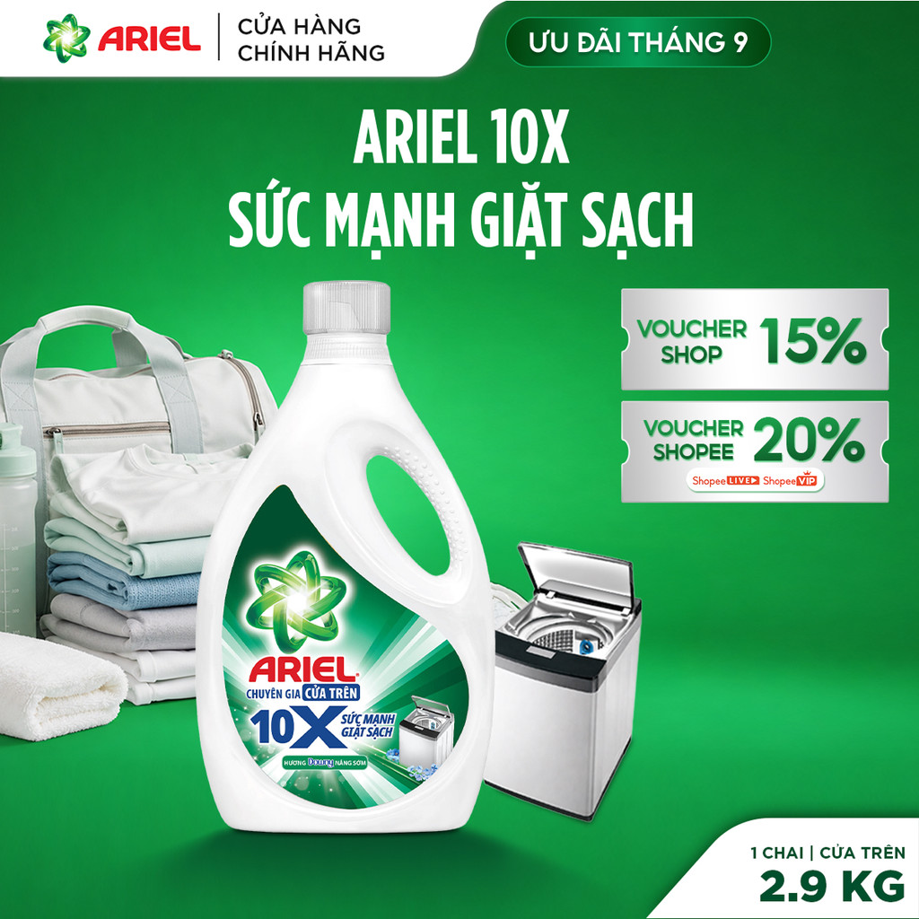 [Live 1] Chai nước giặt Ariel Gel ARIEL 10X Sức Mạnh Hương Downy Nắng Sớm Cửa Trên 2.9KG