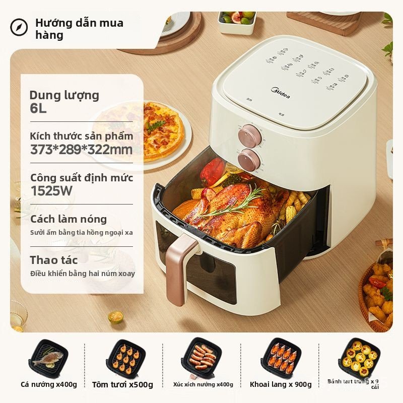 Nồi chiên không dầu Midea mới gia đình, đa năng, không lật, dung tích lớn, không dầu, cửa sổ