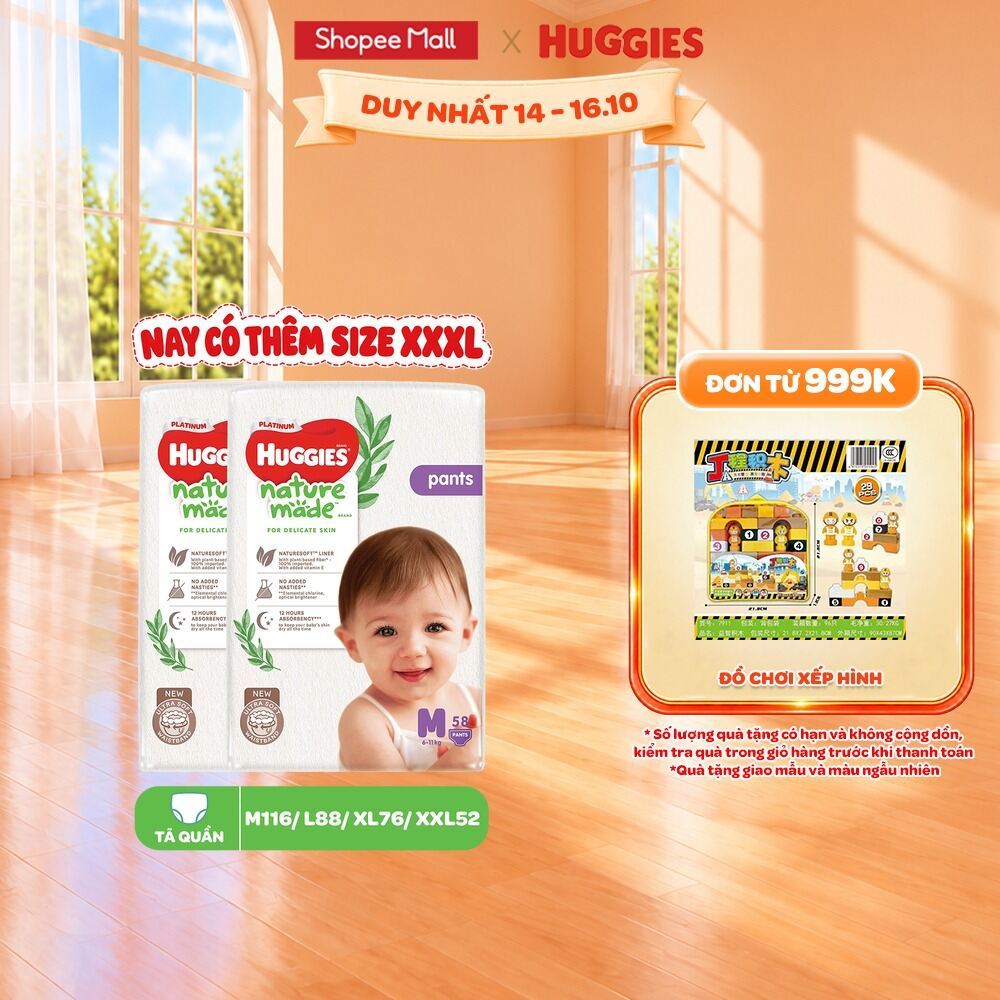 Combo 2/ Combo 3 Tã/Bỉm Dán và Quần Huggies NatureMade M64/L54/XXL44