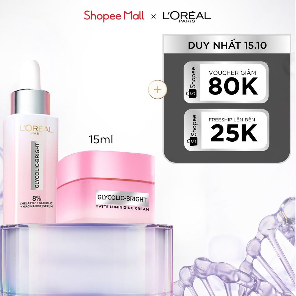 Bộ serum & kem dưỡng sáng da đột phá MelasylTM mờ thâm mụn, nám L'Oreal Paris Glycolic Bright 30ml, 15ml