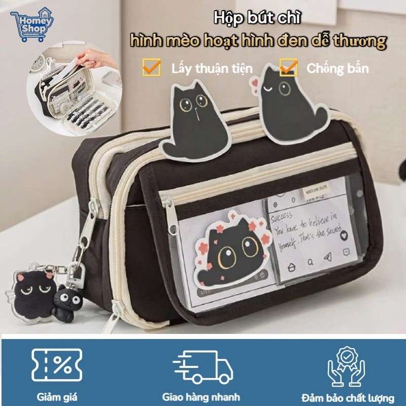 Hộp bút chì hình mèo hoạt hình đen dễ thương - Ngăn chứa đa năng cho thước kẻ 20cm & 80 cây bút,Văn 