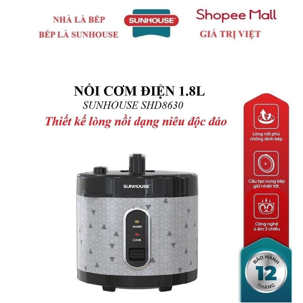 NỒI CƠM ĐIỆN 1.8L SUNHOUSE SHD8630, Thiết kế lòng nồi dạng niêu độc đáo, Chống dính 2 lớp cao cấp, Lòng nồi dày 1.6mm