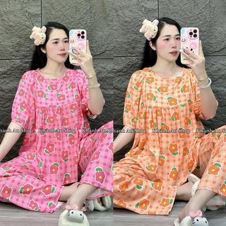  Khánh An Shop Babydoll KA162 - Đồ Bộ Tole Lanh Nữ Mặc Nhà Áo Cổ Tròn Tay Ngắn Quần Dài Size M L XL Chất Liệu Mềm Mịn Mát 