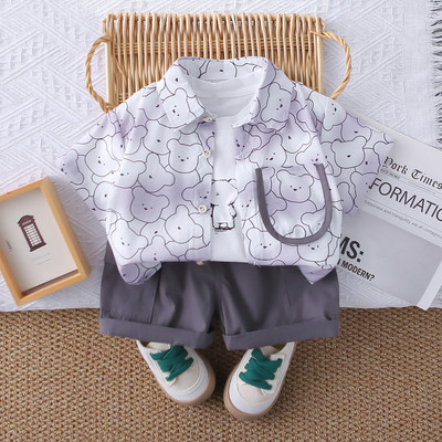 Set Áo Sơ Mi Tay Ngắn Họa Tiết Gấu Quần Đùi Kaki Cho Bé Trai 1-5 Tuổi MINTSCLOSET Quảng Châu TN3642