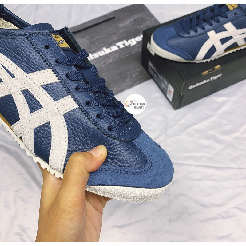 Onitsuka Tiger Leather Navy White x Brown Shoes • Túi giấy và tất miễn phí •