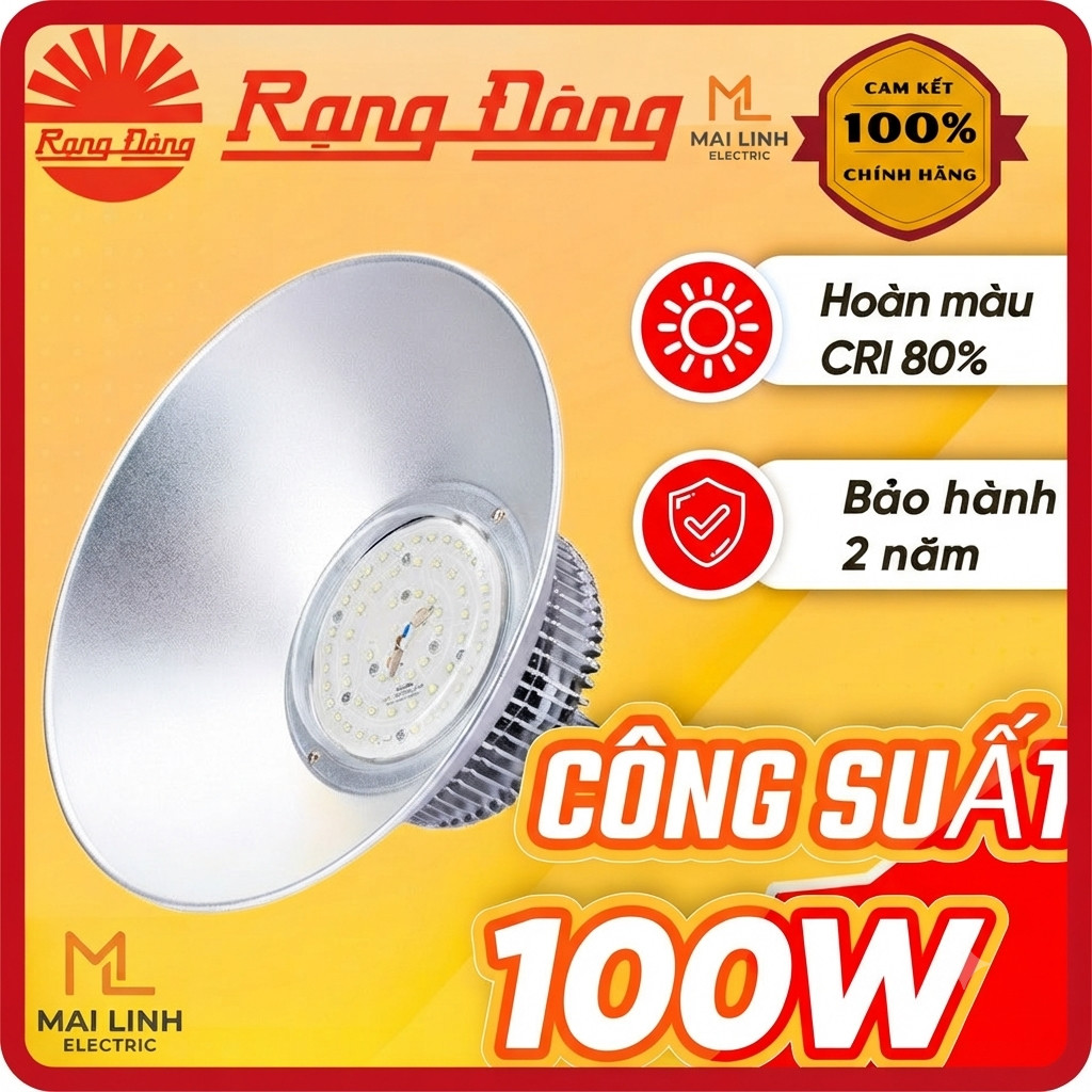 (Rạng Đông Chính Hãng) Đèn led Highbay nhà xưởng 100W (Nhôm Đúc) -Tản nhiệt, chiếu sáng liên tục Mod