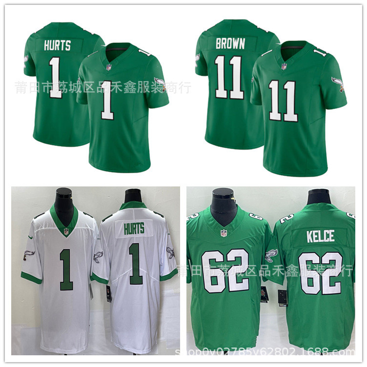Eagles Eagles HURTS-1 Áo thêu bóng bầu dục màu xanh lá cây cổ điển BROWN-11