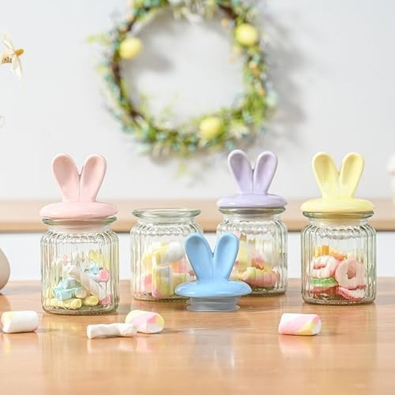 FESTGLOX Glass Easter Candy Jars with Ceramic Bunny Ear Lids, 4Pcs Sealing Bunny Jars in Pastel Colo