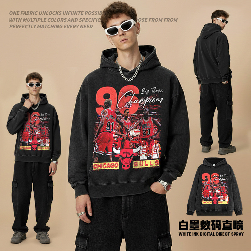 Retro Bulls Chicago Bulls In Hình Mỹ Áo Thun Tay Ngắn Giặt Cotton Nặng Cổ Tròn Có Mũ Trùm Đầu