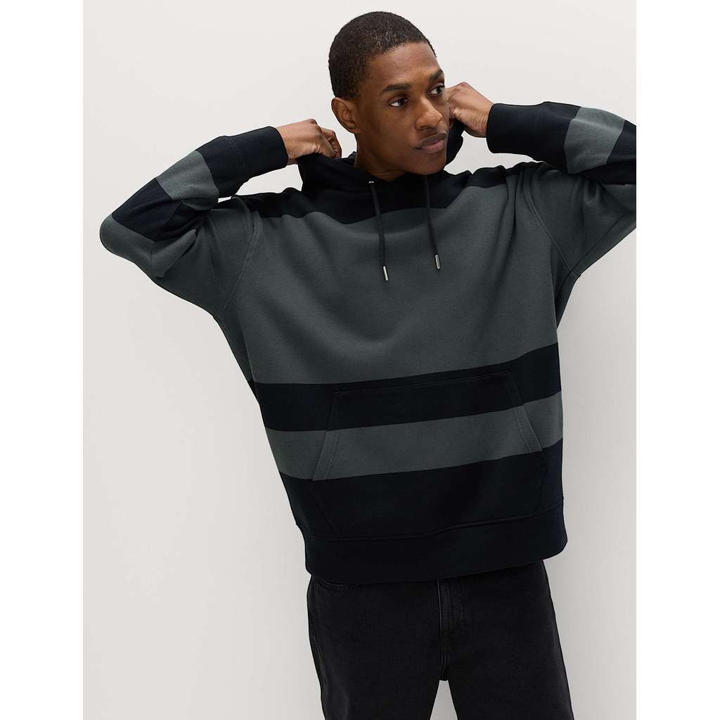 M&S - Men TOPS - Pure Cotton Colour Block Hoodie - DARK PEWTER