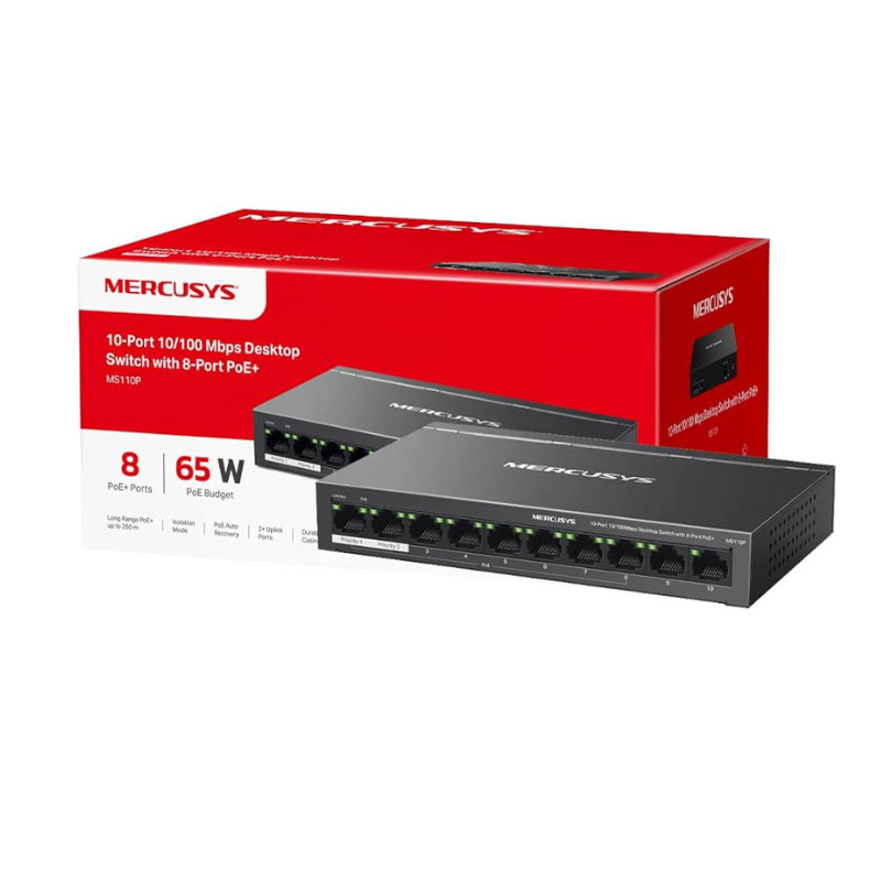 Switch Mercusys MS110CP 8 Cổng 10/100 Mbps + 2 Cổng Gigabit với 8 Cổng PoE+