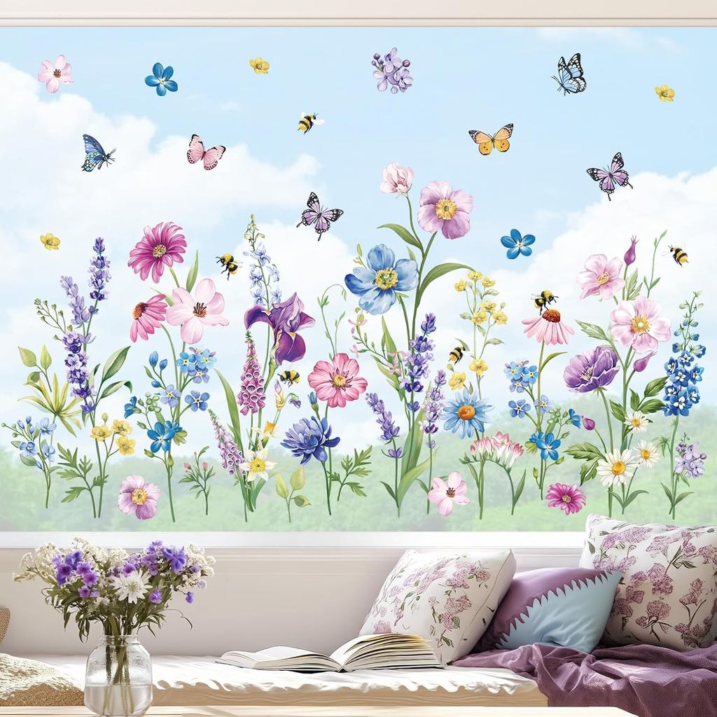 Decalmile Summer Garden Flower Double Sided Window Clings - Spring Wildflower Purple Floral Iris But